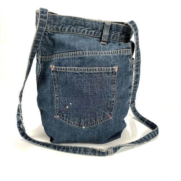 VTG Denim Handbag Bag Embroidered Tote Shoulder Jean Purse BOHO HIPPIE Handmade - Picture 3 of 11